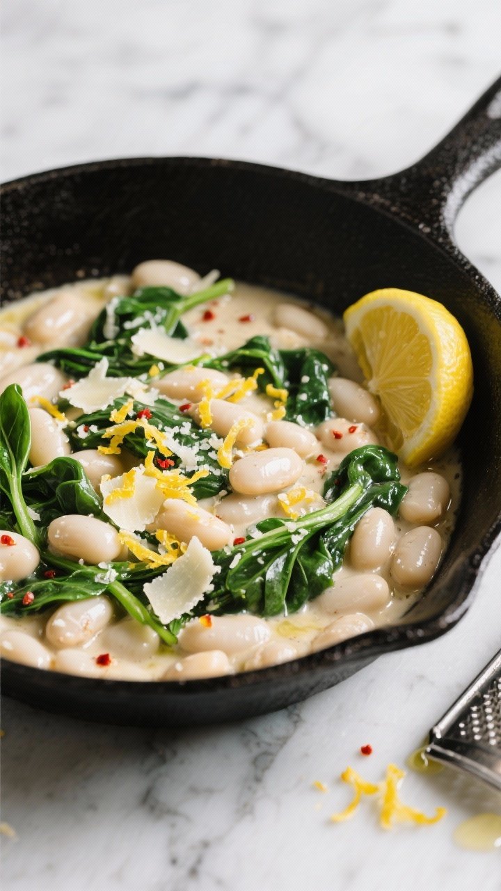 45-degree angle skillet scene of a creamy white bean dish: cannellini beans simmering with finely chopped yellow onion, minced garlic, a hint of red pepper flakes, and low-sodium broth, finished with fresh spinach wilting in and grated Parmesan melting into a silky sauce; lemon zest and wedges at the side; glossy beans and ribbons of spinach visible; cooked in a black cast-iron skillet on a marble surface with a drizzle of olive oil and a microplane nearby; cozy, comforting vibe.