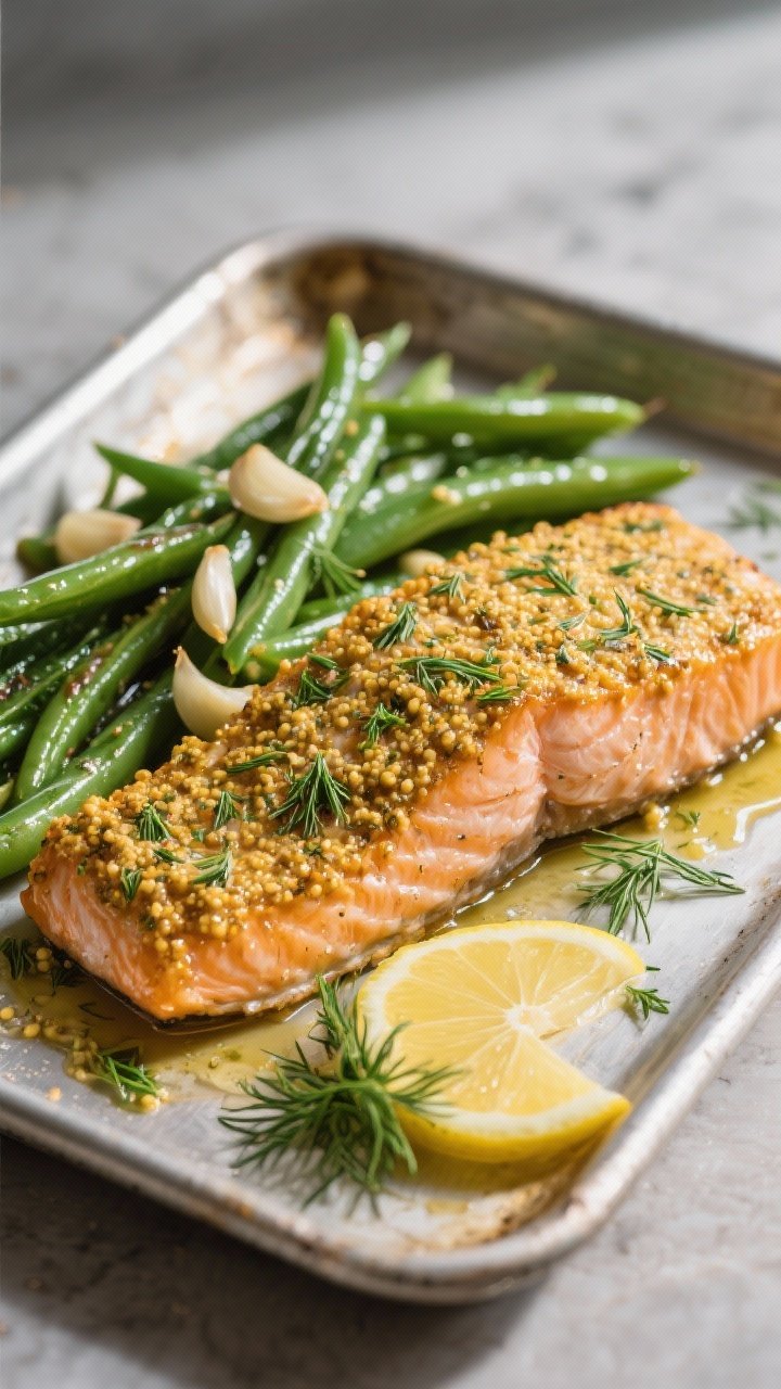45-degree baking tray to plate: salmon fillets with a golden herb-mustard crust (Dijon, whole-grain mustard, lemon juice, olive oil, chopped dill) baked until flaky; garlicky green beans glistening alongside; lemon slices and extra dill for garnish; crisp, high-contrast lighting accentuating the crust texture and bright greens.