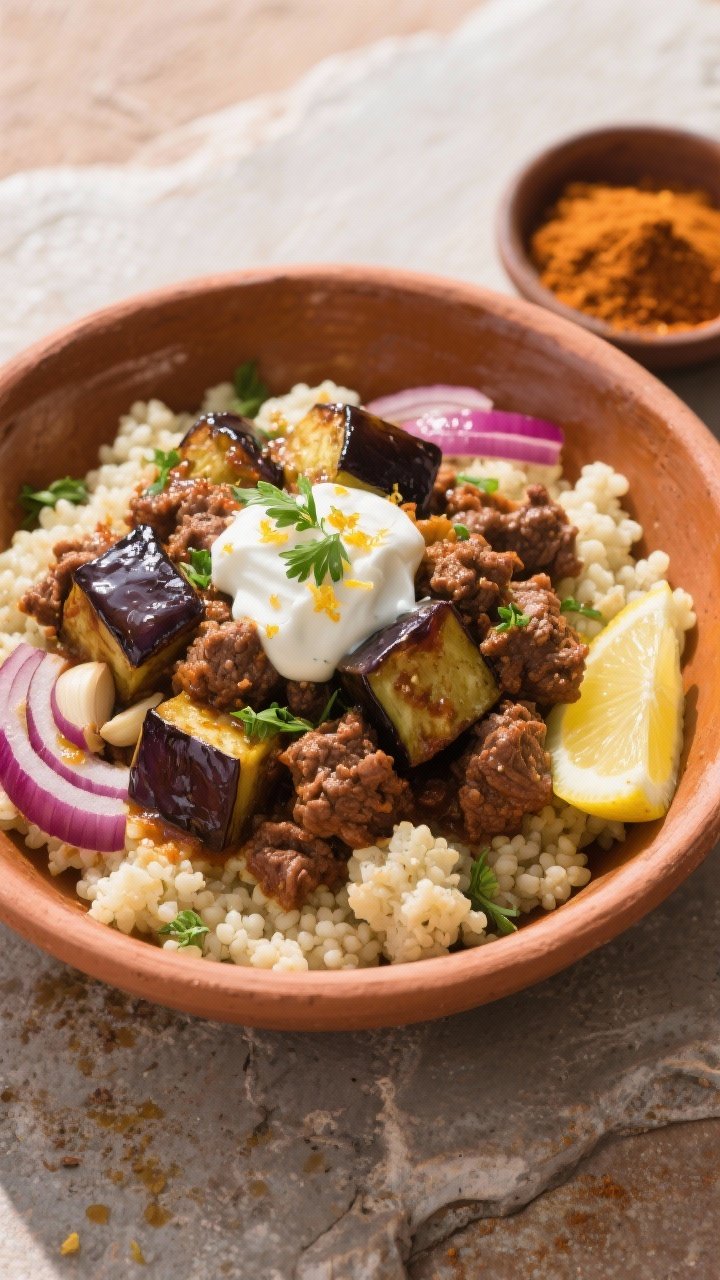 45-degree bowl presentation: Moroccan-spiced beef and eggplant bowls. Cubes of roasted eggplant glistening in olive oil mixed with richly browned ground beef scented with cumin, coriander, cinnamon, and paprika, plus sliced red onion and minced garlic. Served over a base of fluffy cauliflower couscous (low-carb cue), finished with a generous dollop of tangy garlic yogurt and a shower of fresh parsley and lemon zest. Earthenware bowl on textured stone, small dish of ground spices and lemon wedges to side, warm, sunlit North African tones.