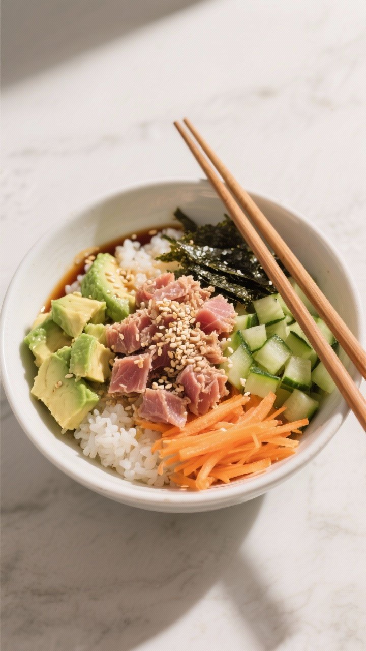 45-degree bowl presentation of crunchy tuna avocado sushi bowls: warm sushi rice topped with flaked tuna, diced avocado, diced cucumber, shredded carrots, and snipped nori strips; a light drizzle of soy-sesame dressing pooling slightly, sesame seeds sprinkled; neat, colorful sections for each topping, chopsticks resting across the rim, bright clean lighting evoking a modern Japanese-inspired aesthetic.