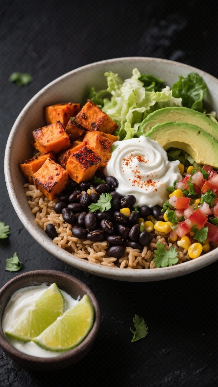 45-degree bowl presentation of Smoky Black Bean and Sweet Potato Burrito Bowls: base of fluffy brown rice, roasted paprika-dusted sweet potato cubes with caramelized edges, cumin-scented black beans, charred corn, and shredded lettuce; dollops of tangy Greek yogurt crema swirled with lime and smoked paprika, avocado slices, and pico de gallo; sprinkle of chopped cilantro; a small bowl of extra crema and lime halves on a matte black surface for contrast.