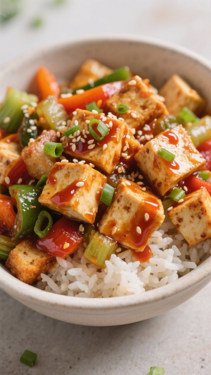 45-degree bowl shot: Sweet chili tofu and veggie rice bowls. Extra-firm tofu cubes lightly coated in cornstarch and pan-crisped to golden edges, tossed in glossy sweet chili sauce. Served over a bed of steamed white or brown rice, topped with vibrant frozen stir-fry vegetables sautéed just to tender-crisp. Sesame seeds and sliced green onion as garnish, sauce drizzled in ribbons. Warm, punchy colors, slight backlight for shine.