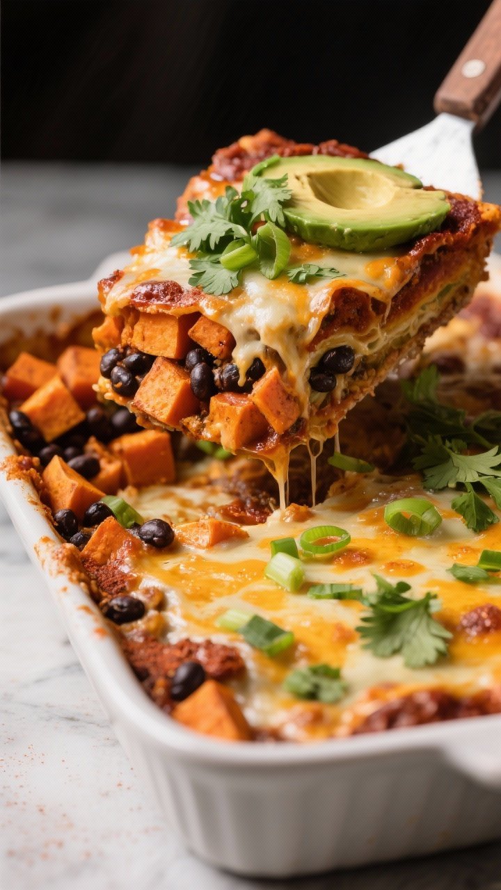 45-degree casserole dish shot of Sweet Potato and Black Bean Enchilada Casserole: layers of chili powder-, cumin-, and smoked paprika-roasted sweet potato cubes with black beans under a blanket of enchilada sauce, melted cheese bubbling at the edges; topped with fresh cilantro, sliced green onion, and a few avocado slices; slice being lifted with a spatula showing hearty, colorful layers; warm, inviting lighting.
