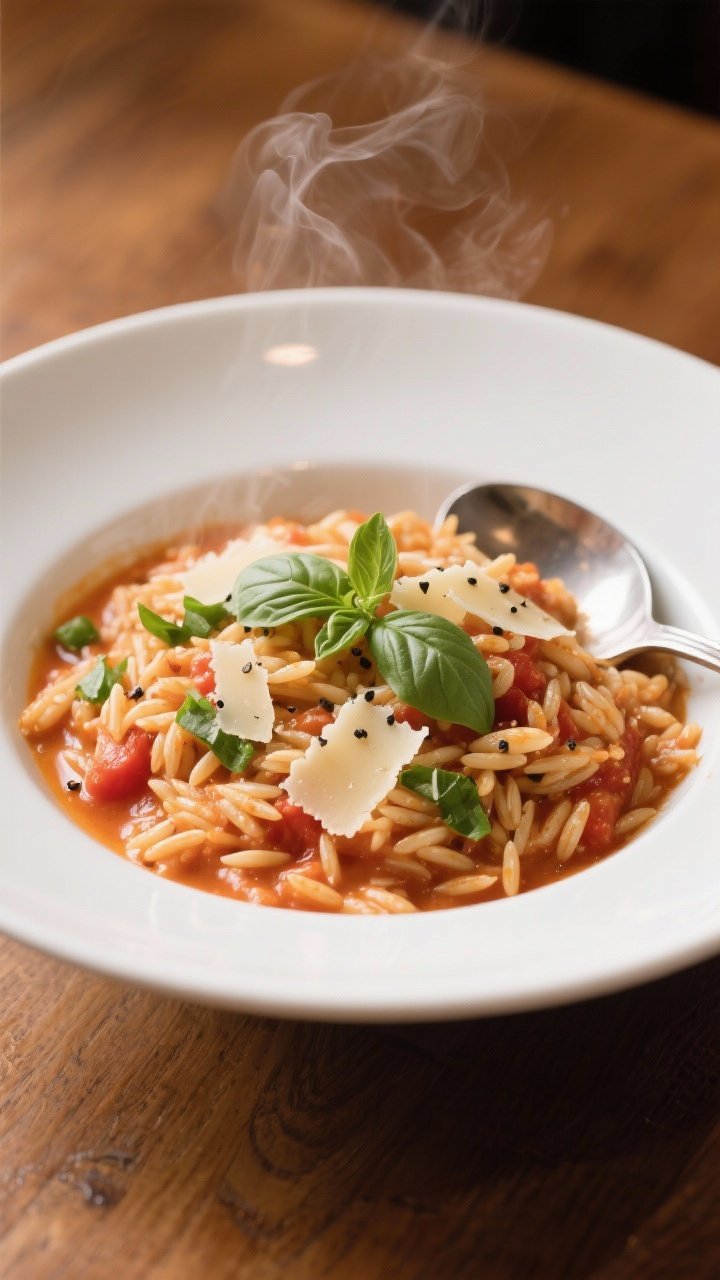 45-degree close-up bowl of creamy tomato basil orzo: al dente orzo coated in silky marinara blended with milk/half-and-half, ribbons of melted Parmesan, flecks of black pepper, and a generous shower of chopped fresh basil; a gentle olive oil sheen; served in a wide white ceramic bowl on a warm wood table, steam softly rising, a spoon resting at the rim, comforting and “feels fancy in