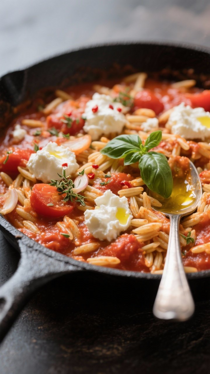 45-degree close-up of a creamy cottage cheese tomato skillet with orzo: silky crushed tomato sauce scented with garlic, onion, dried oregano, and a touch of red pepper flakes, folded with al dente high-protein orzo and dollops of whipped cottage cheese melting into the sauce, finished with a drizzle of olive oil and torn basil; served family-style in a black skillet with a spoon trail showing the luscious texture, inviting and cozy.