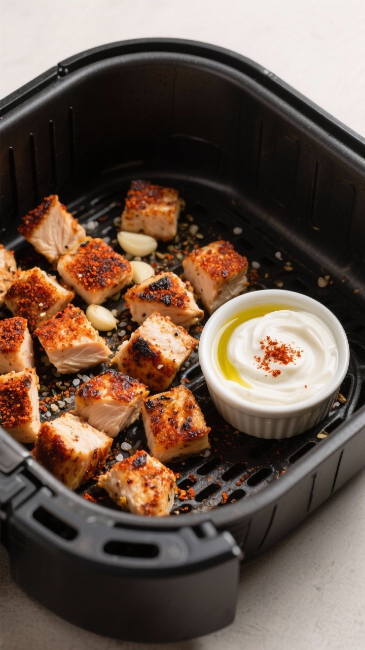 45-degree close-up of air fryer basket just opened: juicy chicken breast bites (1-inch cubes) with a deep smoky paprika crust, speckled with cumin, garlic powder, onion powder, kosher salt, and black pepper; slightly charred edges; a small ramekin of thick garlic yogurt sauce swirling with olive oil and paprika beside it; neutral matte backdrop, crisp highlights to emphasize texture, no people, appetizing shine.