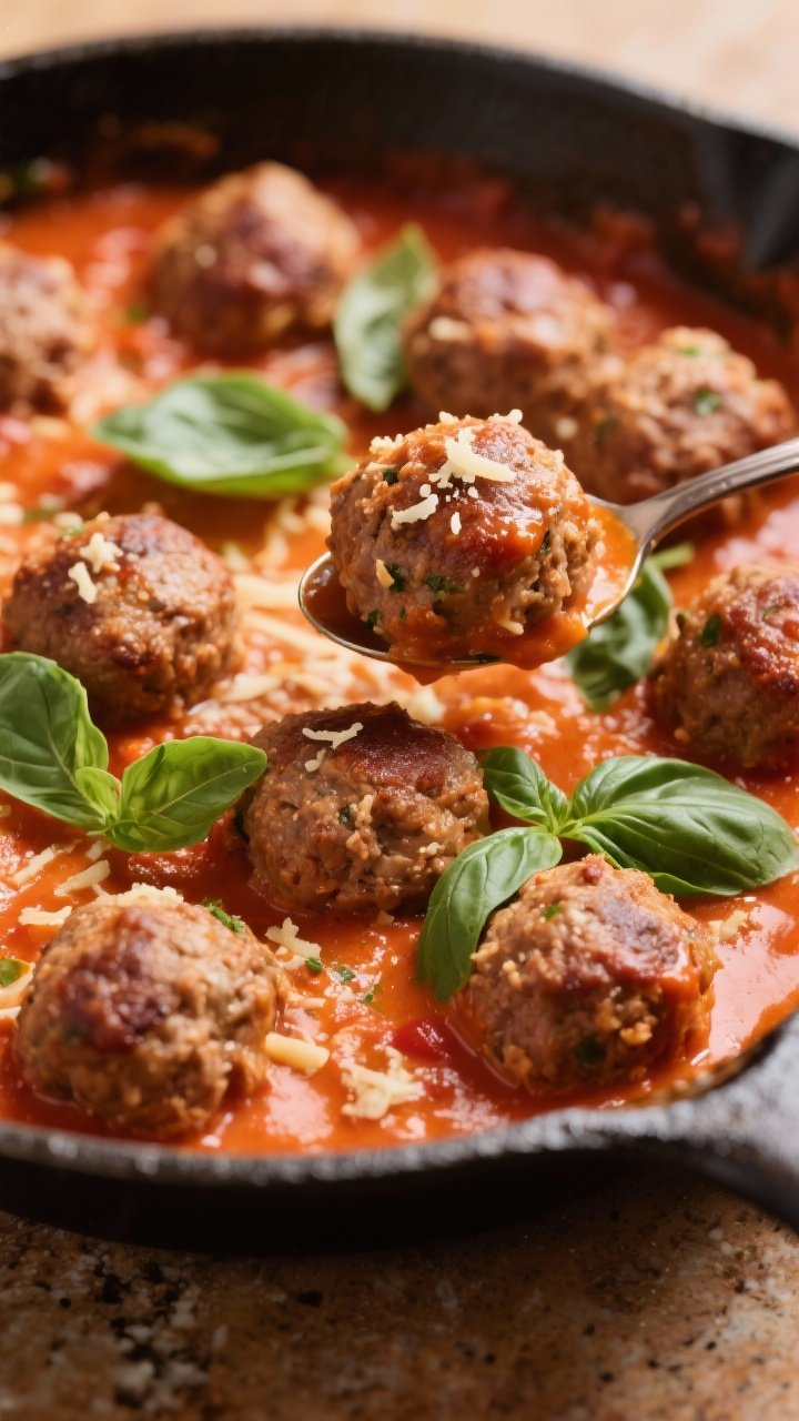 45-degree close-up of creamy tomato basil turkey meatballs simmering in a velvety tomato-basil sauce: browned turkey meatballs (made with ground turkey, breadcrumbs, grated Parmesan, egg, milk, garlic, Italian seasoning, kosher salt) nestled in a skillet of rich, creamy tomato sauce, ribbons of fresh basil on top, sauce clinging to the meatballs with glossy highlights; a spoon lifting one meatball to show tender texture and Parmesan flecks, set on a warm-toned countertop for cozy weeknight mood.