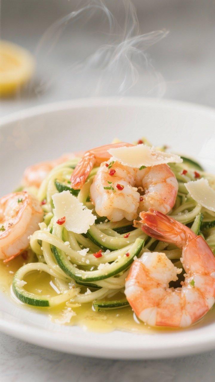 45-degree close-up of garlicky shrimp scampi swirling through zucchini noodles; large pink shrimp glossed with olive oil, butter, thinly sliced garlic, a hint of red pepper flakes, salt, and pepper; finished with grated Parmesan and lemon zest on a shallow white bowl; buttery sheen and steam visible, light bokeh background for an elegant weeknight feel.