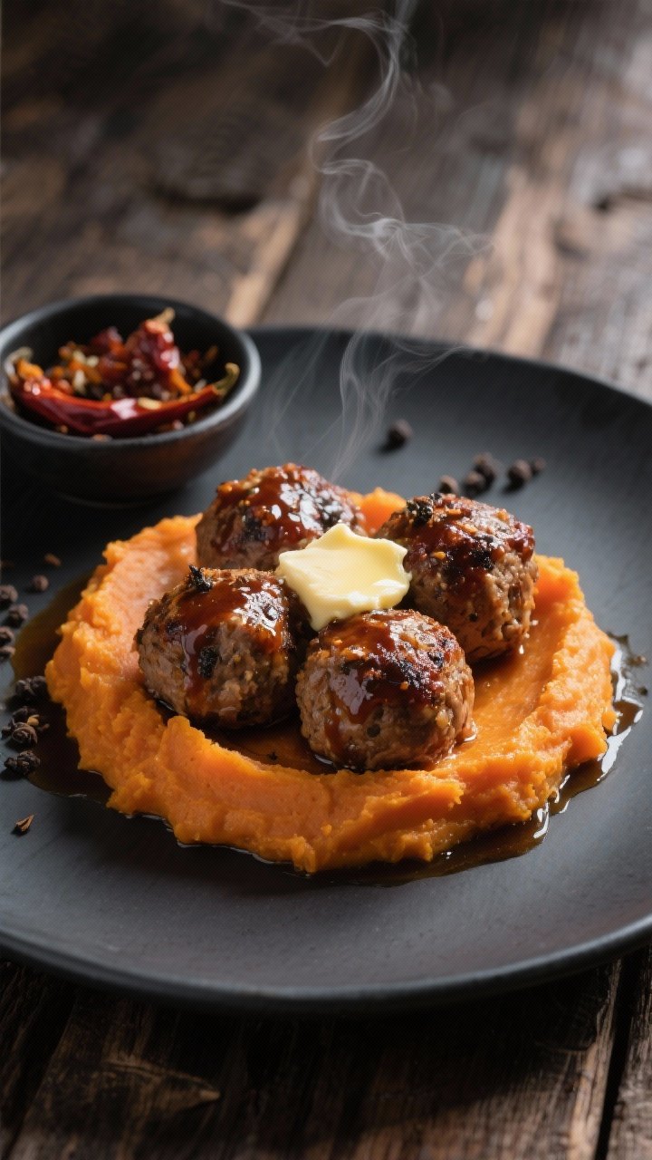 45-degree close-up of smoky chipotle turkey meatballs glazed with adobo sauce, speckled with cumin, nestled atop velvety orange sweet potato mash with a pat of melting butter; a small bowl of minced chipotle in adobo and a dusting of black pepper in frame; matte charcoal plate on a rustic wood table, moody side light to emphasize steam and texture.