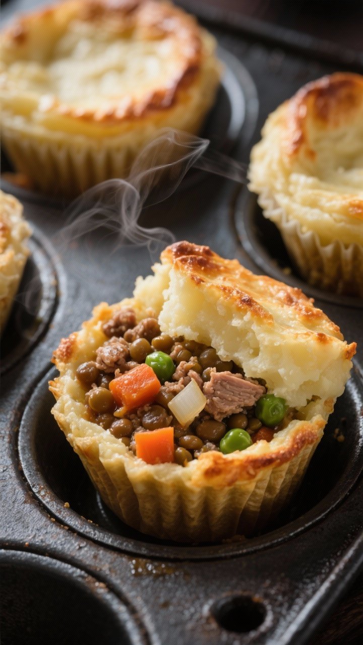 45-degree close-up: Spiced lentil and turkey shepherd’s pie cups. Individual muffin-tin portions with a hearty base of ground turkey sautéed with diced onion, carrots, tomato paste, tender brown/green lentils simmered in broth, and peas; topped with a rustic mashed potato cap lightly ridged and broiled to golden brown. One cup cut open to show the saucy filling. Cast-iron muffin pan on a dark sheet pan, wisps of steam, warm comfort-food lighting.
