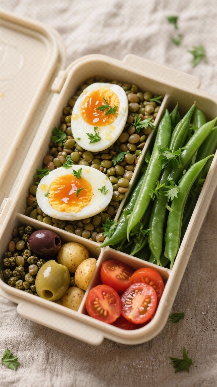 45-degree composed Herbed Lentil and Egg Niçoise Boxes: cooled French green lentils tossed with herbs and vinaigrette, medium-boiled egg halves with jammy centers, blanched green beans, halved cherry tomatoes, baby potatoes, olives, and capers arranged neatly in a divided lunch box; sprinkle of parsley, glossy vinaigrette highlights, muted Mediterranean color palette on a linen backdrop.