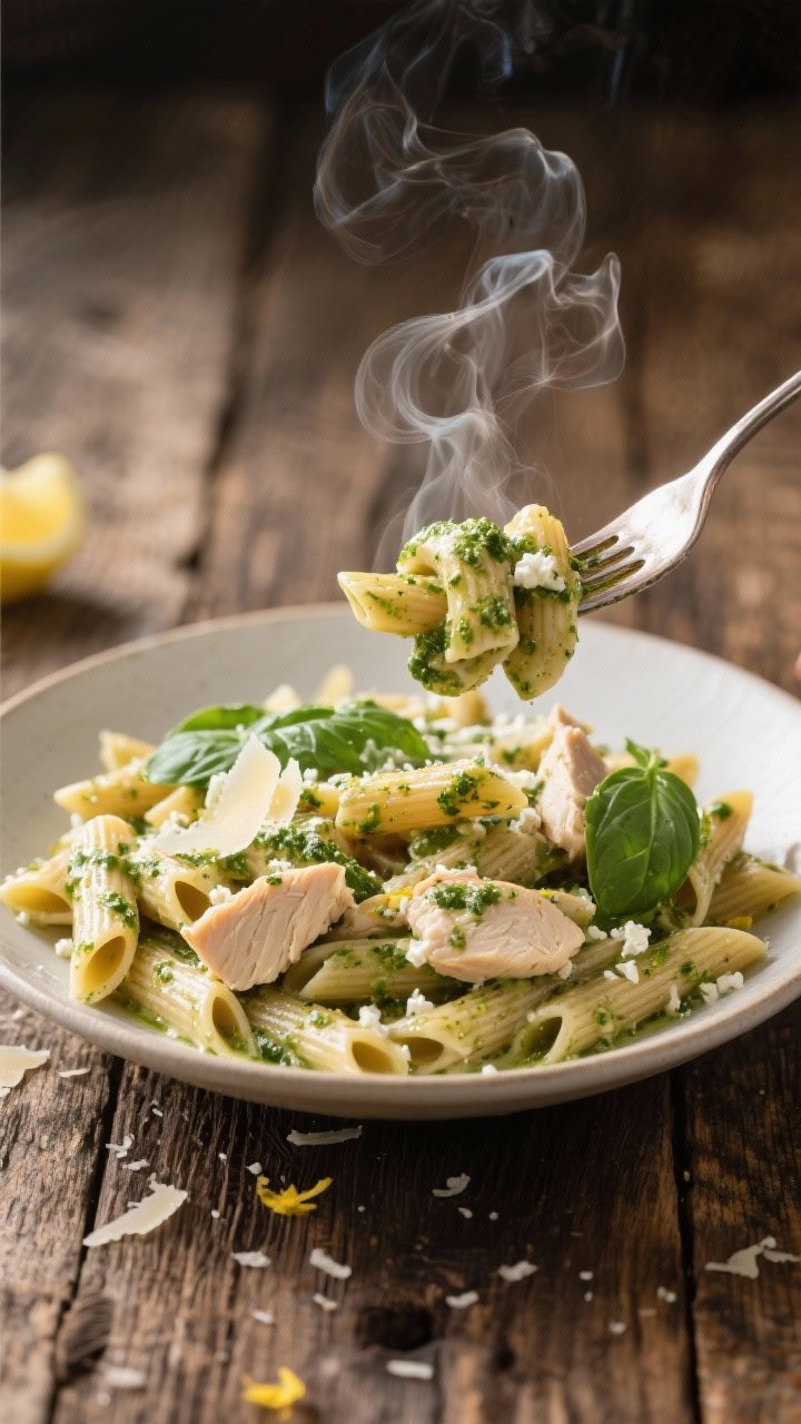 45-degree creamy pasta twirl: whole-wheat penne coated in a silky blend of cottage cheese and basil pesto, flecked with grated Parmesan and lemon zest; tender chunks of cooked chicken tucked throughout; steam gently rising, a fork lifting a twirl, bright green pesto sheen contrasting the nutty pasta; set on a rustic wooden table.