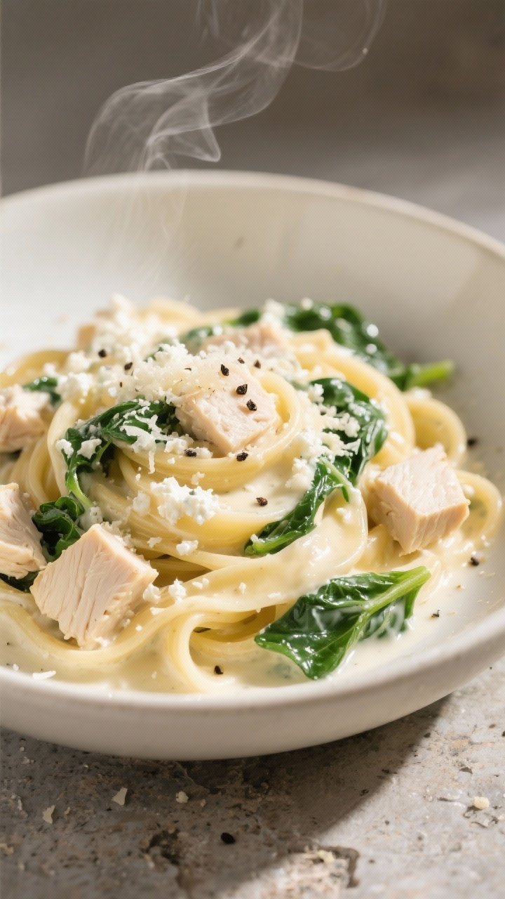 45-degree creamy twirl shot of Cottage Cheese Alfredo Pasta With Chicken and Spinach: high-protein pasta coated in a silky cottage cheese Alfredo sauce (low-fat cottage cheese blended smooth, lightly seasoned), tossed with tender cubes of cooked chicken breast and wilted baby spinach; sauce gloss catching the light, flecks of black pepper and grated Parmesan on top; served in a wide cream bowl on a stone surface, gentle steam rising, cozy neutral tones.