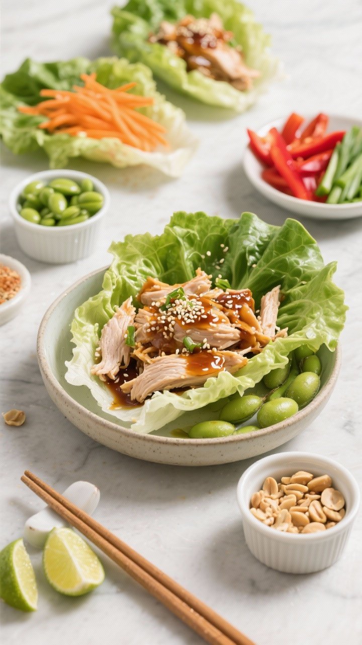 45-degree dynamic ingredient-prep scene for sesame-ginger turkey lettuce cups: crisp butter lettuce leaves fanned out, shredded cooked turkey breast tossed with glossy sesame-ginger sauce in a shallow bowl, shelled edamame, shredded carrots, thinly sliced red bell pepper, and sliced green onions arranged in small dishes; crushed peanuts in a ramekin for crunch; chopsticks and lime wedges for garnish; bright, punchy colors with slight shine on the sauced turkey.