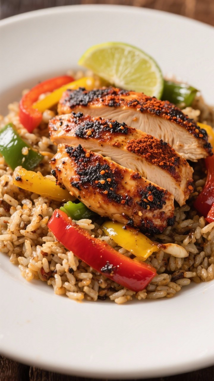 45-degree dynamic plating of Cajun Blackened Chicken with Dirty Rice and Pepper Trio: deeply seared chicken breasts/cutlets coated with Cajun seasoning, smoked paprika, garlic powder; served over speckled dirty rice, topped with sautéed red, yellow, and green bell peppers; edges slightly charred, a wedge of lime, rustic Southern vibe, warm directional light to emphasize blackened crust.