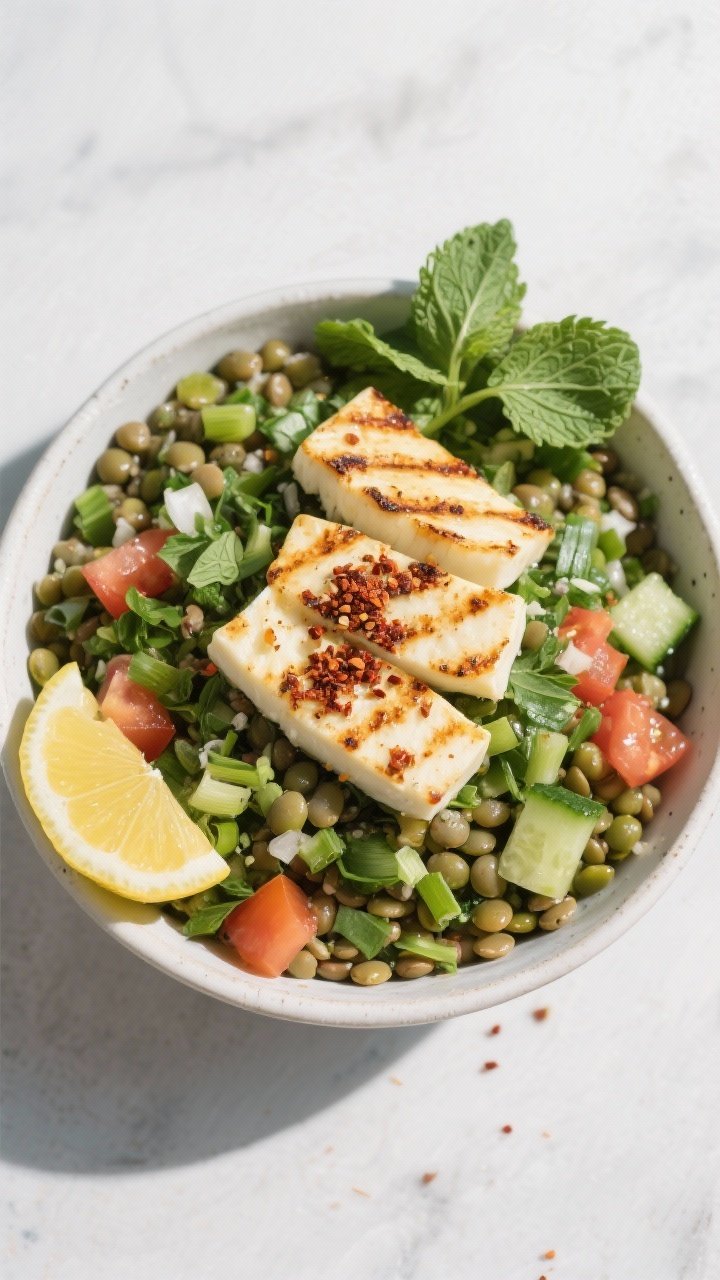 45-degree grain bowl portrait: Lentil tabbouleh protein bowls—tender green/French lentils, finely chopped parsley and mint, diced tomato, cucumber, and scallions, dressed with lemon and olive oil, topped with seared halloumi slices, char marks visible. Finish with a sprinkle of sumac and extra lemon wedges. Fresh, green-forward palette, crisp daylight, minimal props.