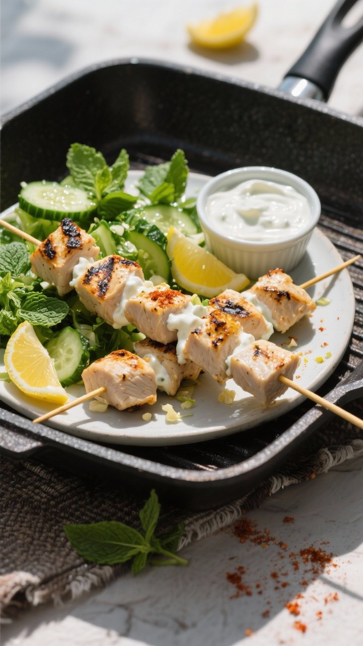 45-degree grill-pan scene of yogurt-marinated chicken skewers: cubes of chicken coated in nonfat Greek yogurt, grated garlic, lemon juice, paprika, and ground cumin, char marks evident; plated with a fresh cucumber mint salad glistening with lemon; extra yogurt sauce in a ramekin; skewers crossing on a dark grill pan, bright green herbs popping, Mediterranean picnic vibe.