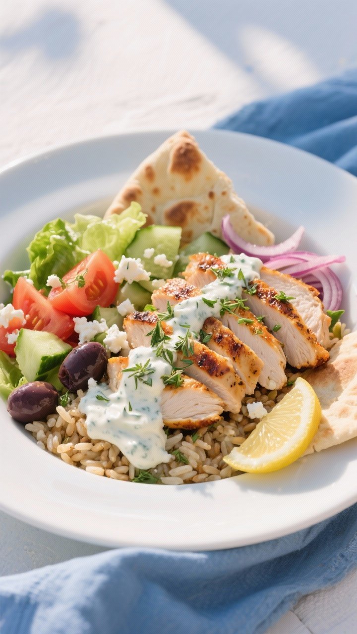 45-degree gyro-style plating for a Greek Chicken Gyro Bowl with Tzatziki Drizzle: oregano-lemon grilled chicken slices arranged over herbed farro or rice with chopped romaine, juicy tomatoes, cucumber, Kalamata olives, red onion, and warm pita wedges tucked in. Generous drizzle of creamy tzatziki, feta crumbles, and oregano sprinkled on top. Mediterranean sunlight feel, white-and-blue palette.