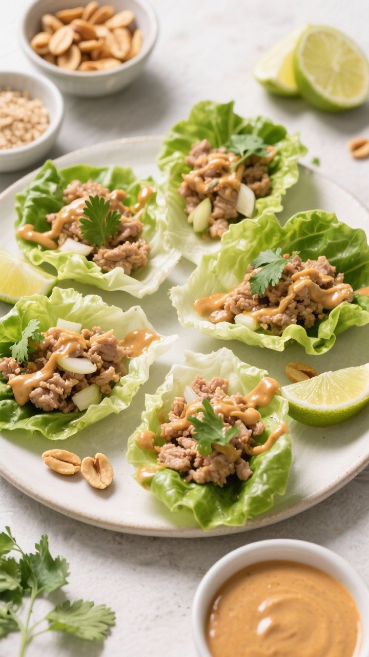 45-degree ingredient-to-final assembly shot of Thai-Style Turkey Lettuce Wraps With Peanut Lime Sauce: crisp lettuce cups filled with coconut oil-sautéed ground turkey, minced shallot, garlic, and fresh ginger, lightly glazed with tamari; drizzled with glossy peanut-lime sauce, garnished with chopped peanuts, lime wedges, and cilantro; small bowls of sauce and ingredients arranged around a neutral platter, bright, fresh, and punchy.
