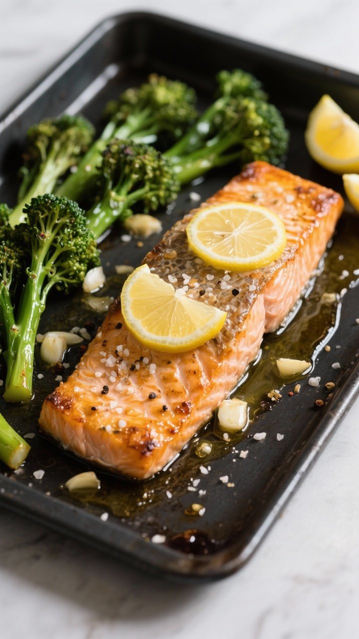 45-degree one-pan scene: Lemon garlic salmon fillets, skin-on, roasted alongside trimmed broccolini on a dark sheet pan. Melted butter and olive oil sheen, visible minced garlic, thin lemon slices tucked over salmon, edges caramelized. Coarse sea salt and cracked pepper sprinkled, a few lemon wedges on the side. Clean, minimal composition emphasizing golden salmon and vibrant green broccolini.