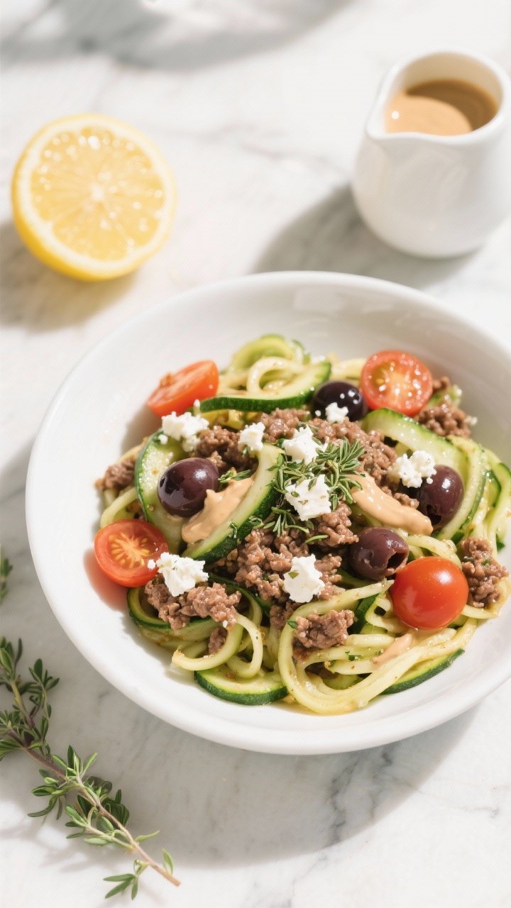 45-degree plated bowl: Greek beef zoodle bowls featuring 93% lean ground beef seasoned with garlic, dried oregano, ground coriander, cumin, kosher salt, and black pepper, served over glossy zucchini noodles. Topped with crumbled feta, halved cherry tomatoes, cucumber ribbons, Kalamata olives, and a drizzle of lemon-tahini sauce. Bright Mediterranean styling, white ceramic bowl on light marble, lemon halves and fresh oregano sprigs nearby, clean, sunlit, with a small pitcher of tahini drizzle in background.