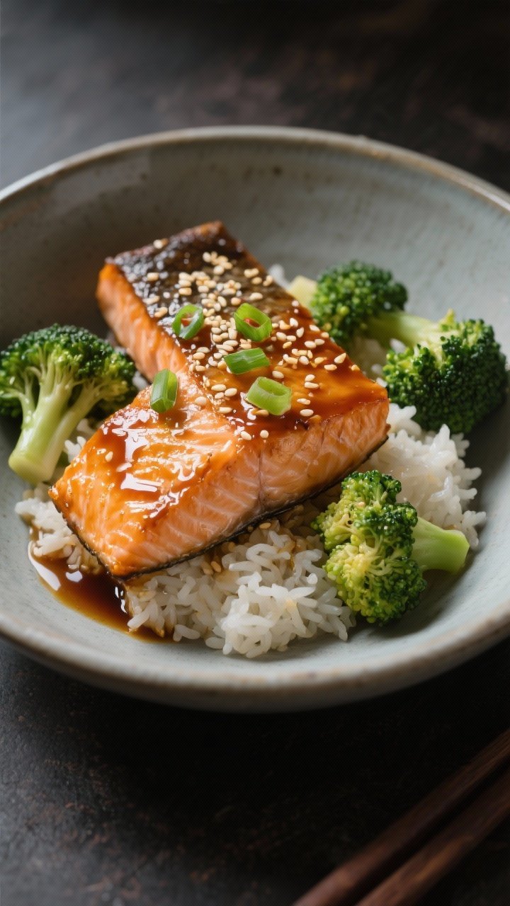 45-degree plated bowl: honey-garlic glazed salmon fillet (skin-on) lacquered and caramelized, set over fluffy jasmine rice with sesame broccoli florets glistening in sesame oil and a hint of soy sauce; sprinkled with sesame seeds and sliced scallions; glossy sauce pooled lightly; modern ceramic bowl, moody side light to highlight glaze, appetizing and clean.