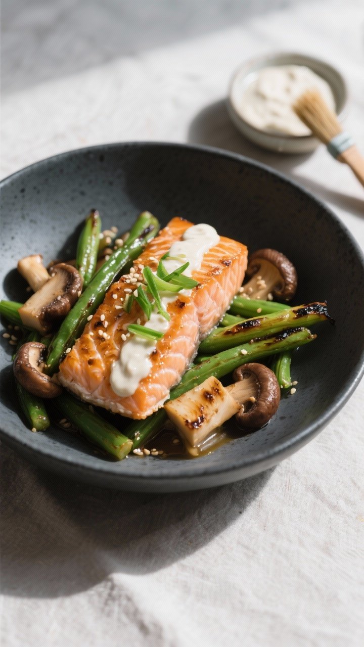 45-degree plated bowl of Miso Salmon With Charred Green Beans & Shiitakes: chunks of salmon, lacquered with white miso glaze, flaking at the edges; blistered green beans and browned shiitake caps nestled around. A subtle miso-butter gloss, a few toasted sesame seeds, and a brush of scallion greens for lift. Served in a matte charcoal bowl on a light linen, with a small dish of white miso and a brush resting nearby. Directional light from the right enhances the char and glaze.