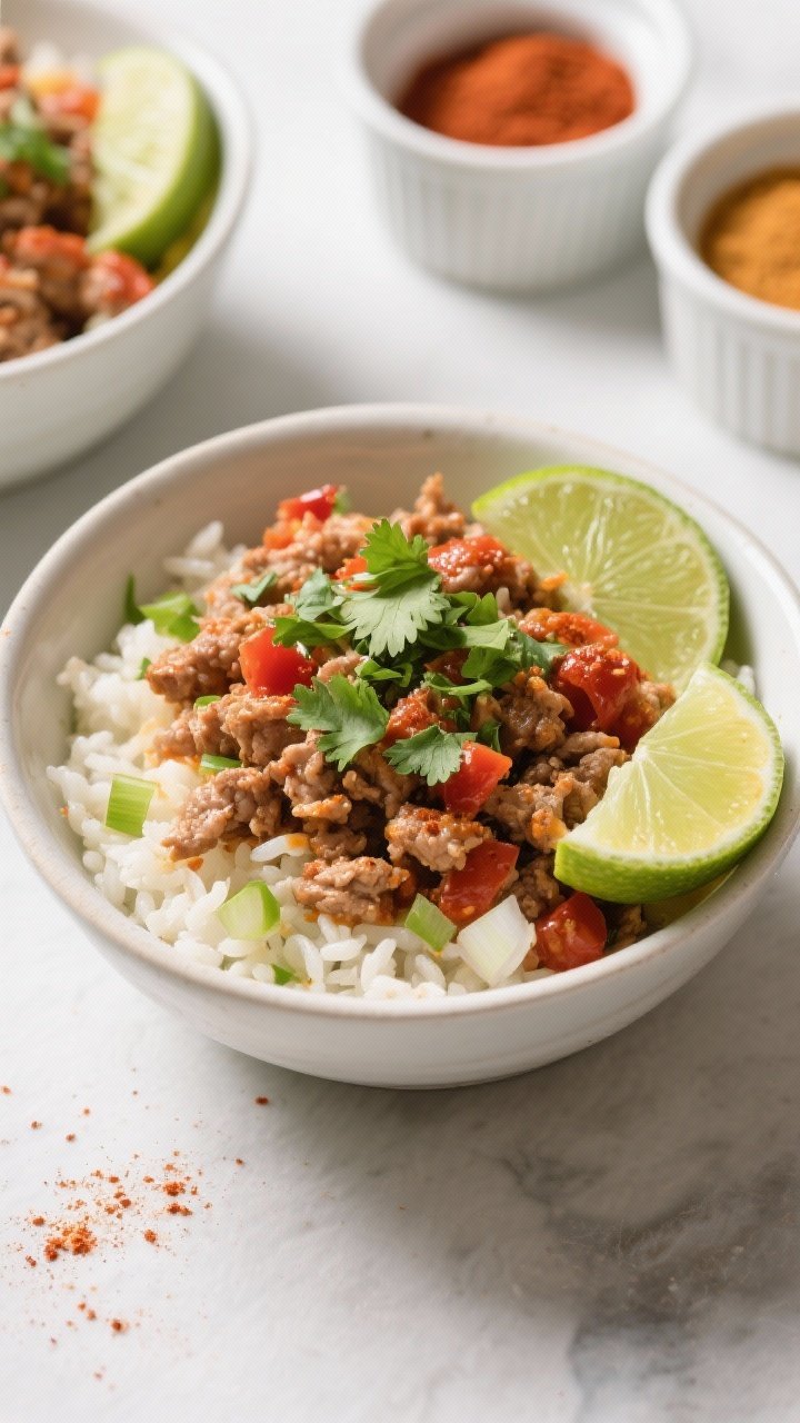 45-degree plated bowl shot: turkey taco bowls arranged with seasoned lean ground turkey (tomato paste–glossed, chili powder, cumin, smoked paprika, oregano), fluffy cilantro-lime rice base, diced onion and garlic notes evident, topped with fresh cilantro, lime wedges, and a light sprinkle of paprika; separate ramekins with extra lime and chili powder in background; vibrant, weeknight Tex-Mex energy.