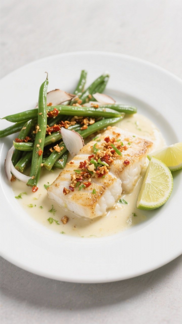 45-degree plated coconut-lime cod with chili crunch green beans: flaky cod fillets bathed in a silky light coconut milk sauce scented with lime zest and juice, ginger, garlic, and a hint of fish sauce; side of blistered green beans tossed with chili crunch; shallot slices visible; garnished with lime wedges; subtle coconut sheen on a matte white plate against a pale gray surface.