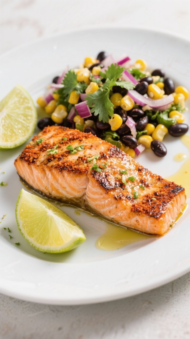 45-degree plated entrée: Chili lime salmon with corn and black bean salad. Seared salmon fillets rubbed with olive oil, chili powder, cumin, garlic powder, salt, and fresh lime zest, finished with a squeeze of lime. Side salad of corn and black beans tossed with cilantro, red onion, and more lime. Charred edges on salmon, glossy flakes. Lime wedges and a drizzle of olive oil on plate. Bright, sunny, Southwest feel.
