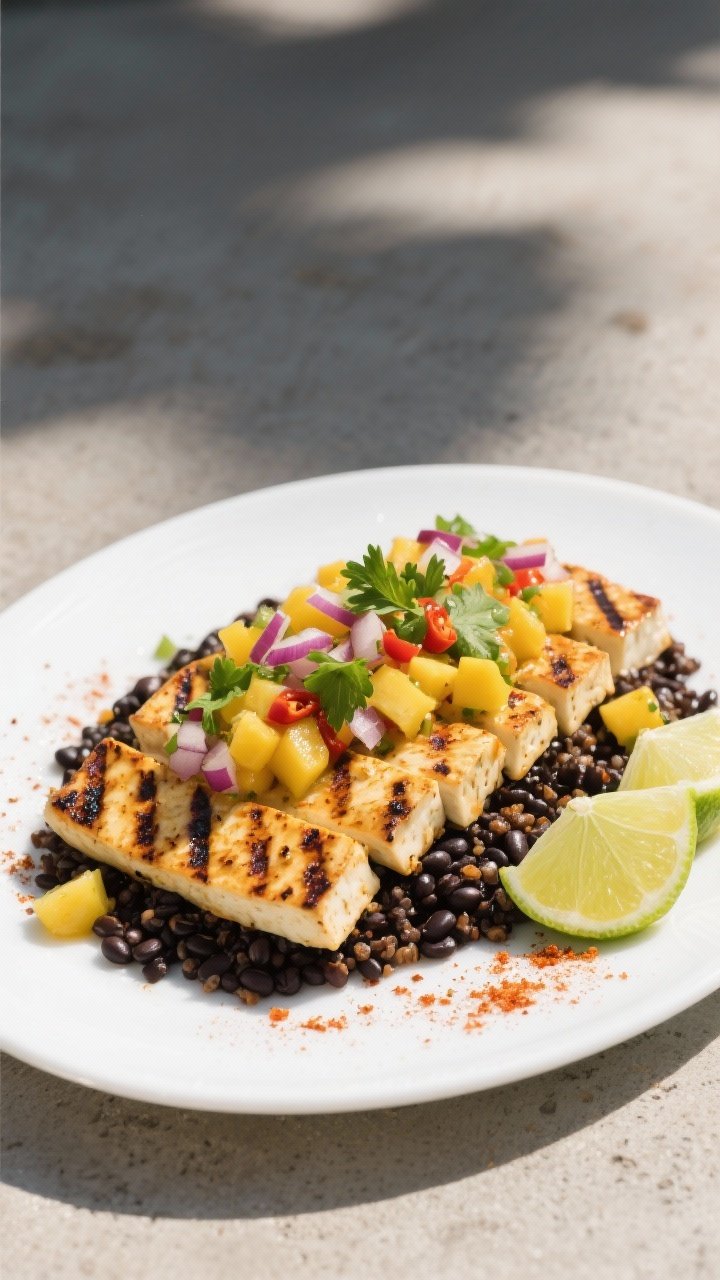 45-degree plated entrée: grill-marked chili-lime tofu planks (olive oil, lime juice and zest, chili powder, cumin, sea salt) arranged over a bed of black bean quinoa; vibrant mango salsa piled on top with cilantro and red onion; lime wedges on the side, a light chili dust sprinkle; bright tropical tones, clean white plate on sunlit concrete for fresh, healthy vibes.