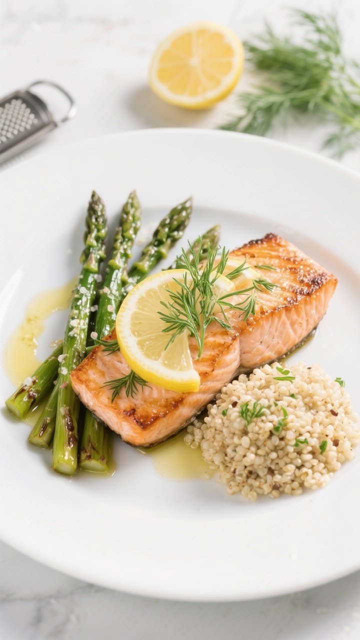 45-degree plated entree: lemon-dill salmon fillets (skin-on, oven-roasted) with caramelized edges, topped with fresh dill and thin lemon slices, alongside roasted asparagus spears glistening with olive oil and sea salt; a fluffy scoop of quinoa cooked in low-sodium broth; microplane, lemon, and dill fronds in the background; clean white plate, airy, spa-like feel.