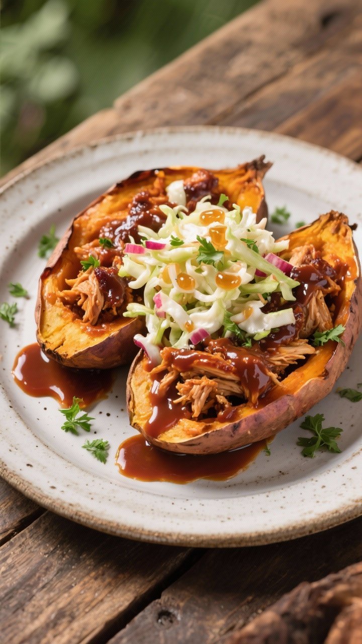 45-degree plated final dish: split roasted sweet potatoes stuffed with saucy BBQ shredded chicken, drizzled with extra BBQ sauce; crowned with crunchy slaw made from coleslaw mix tossed with mayonnaise or Greek yogurt, apple cider vinegar, and a touch of honey; sprinkled with chopped parsley; rustic plate on a wooden table for a cozy, backyard-BBQ vibe.