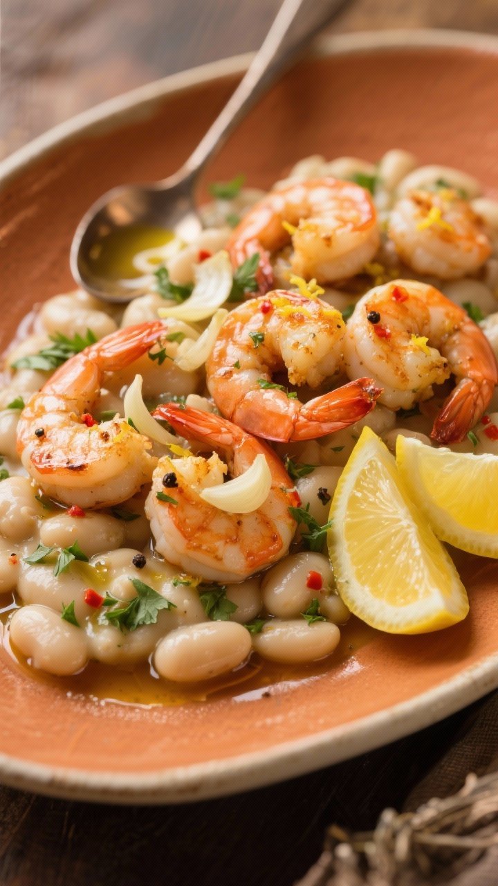 45-degree plated Lemon-Garlic Shrimp Over Herbed White Beans: plump shrimp sautéed in olive oil with thinly sliced garlic, kosher salt, black pepper, and a pinch of red pepper flakes, arranged atop creamy herbed white beans (parsley and thyme flecks visible), finished with fresh lemon zest and a squeeze of juice. Glossy pan juices spooned over, lemon wedges on the side, served on a warm-toned ceramic plate, bright, tangy, Mediterranean mood.