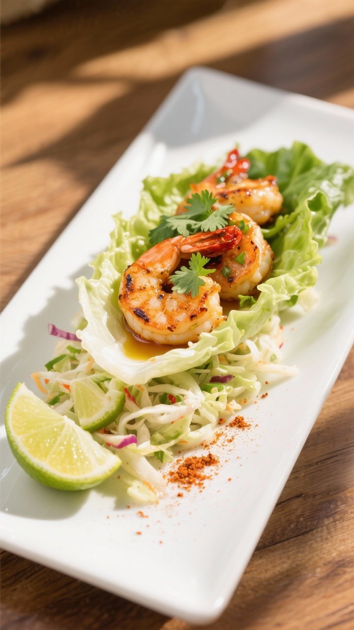 45-degree plated lettuce wraps: chili-lime shrimp (lime juice and zest, chili powder, smoked paprika, garlic powder, cumin, salt) seared with a light char, nestled in crisp butter lettuce cups; crunchy slaw piled beneath, lime wedges on the side; a light sheen of oil on the shrimp; sprinkled cilantro and a dusting of chili; vibrant tropical palette, white plate on sunlit wood, refreshing and zesty.
