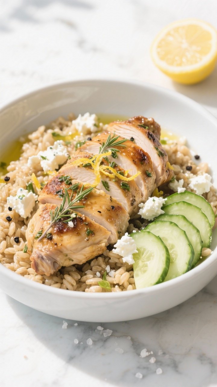45-degree plated Mediterranean bowl: juicy garlic-herb Greek chicken thighs sliced over a bed of warm grains with thick half-moons of crisp cucumber, crumbles of feta, lemon zest sprinkled on top, and a drizzle of olive oil; oregano flecks visible, black pepper and kosher salt crystals catching the light; set on a sunlit white marble surface with a cut lemon nearby.