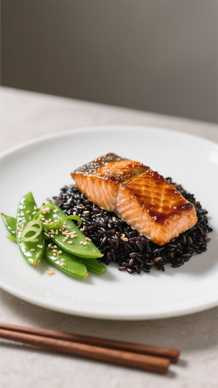 45-degree plated miso-ginger salmon fillet lacquered and caramelized at the edges, served over a mound of glossy black/forbidden rice. Side of vibrant sesame snap peas with a light sheen, sprinkled with sesame seeds and thinly sliced green onion. Minimalist Japanese-inspired plating on a matte white plate, chopsticks nearby, soft directional light to emphasize glaze.