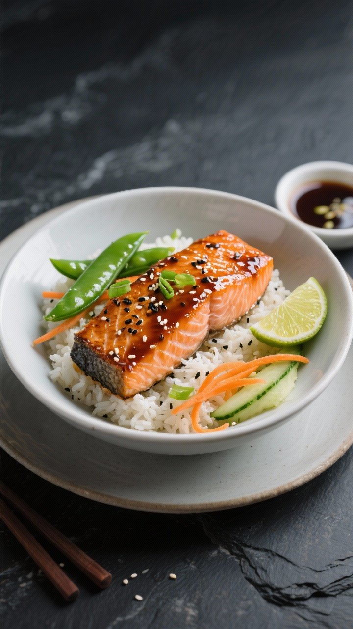 45-degree plated presentation of a Soy-Ginger Salmon Bowl: glossy, pan-seared salmon fillet lacquered with a soy-ginger glaze, nestled over jasmine rice with sesame snap peas and thin ribbons of carrot and cucumber. Garnished with black and white sesame seeds, scallions, and a wedge of lime; a small dish of extra soy-ginger sauce on the side. Clean, minimalist aesthetic with a dark slate backdrop for contrast.