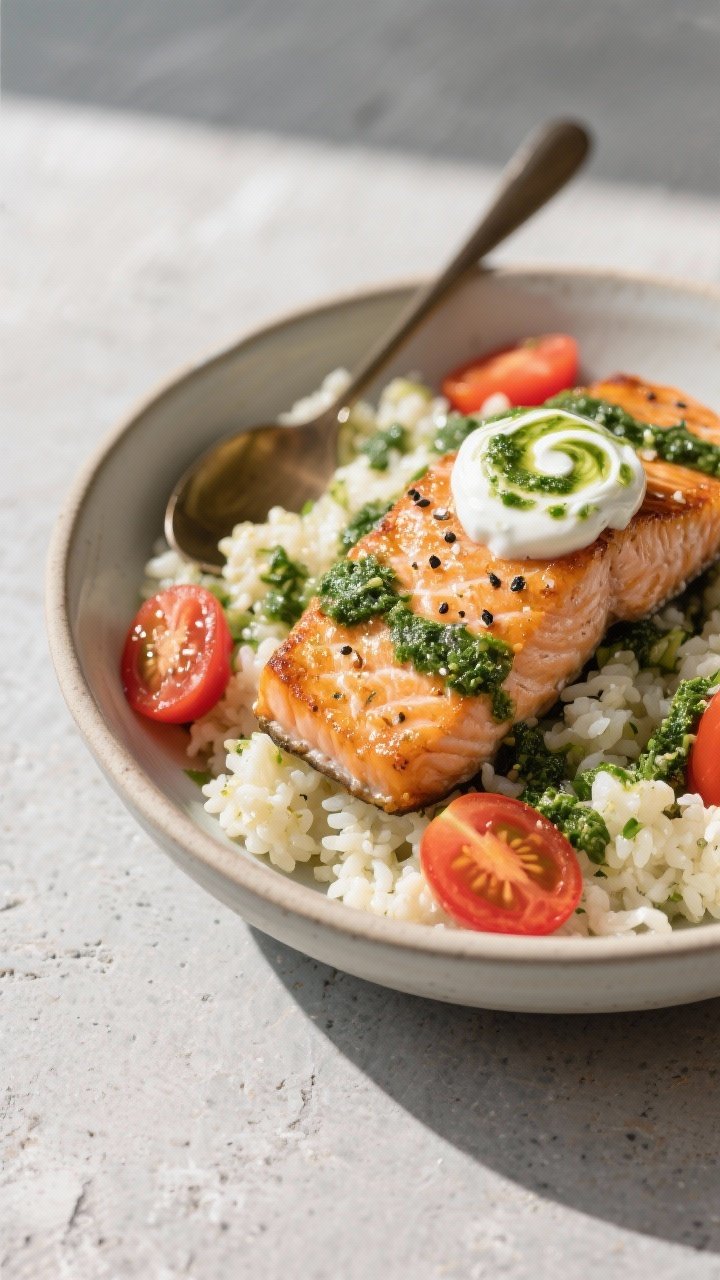 45-degree plated presentation of Creamy Greek Yogurt Pesto Salmon Bowls: golden-seared salmon filets seasoned with kosher salt, black pepper, and a touch of olive oil, nestled over fluffy cauliflower rice. Add halved cherry tomatoes and spoonfuls of creamy Greek yogurt pesto swirled on top, with a glossy finish. Serve in a wide shallow bowl on a matte stone surface; bright greens and reds pop, soft daylight, clean minimal styling.