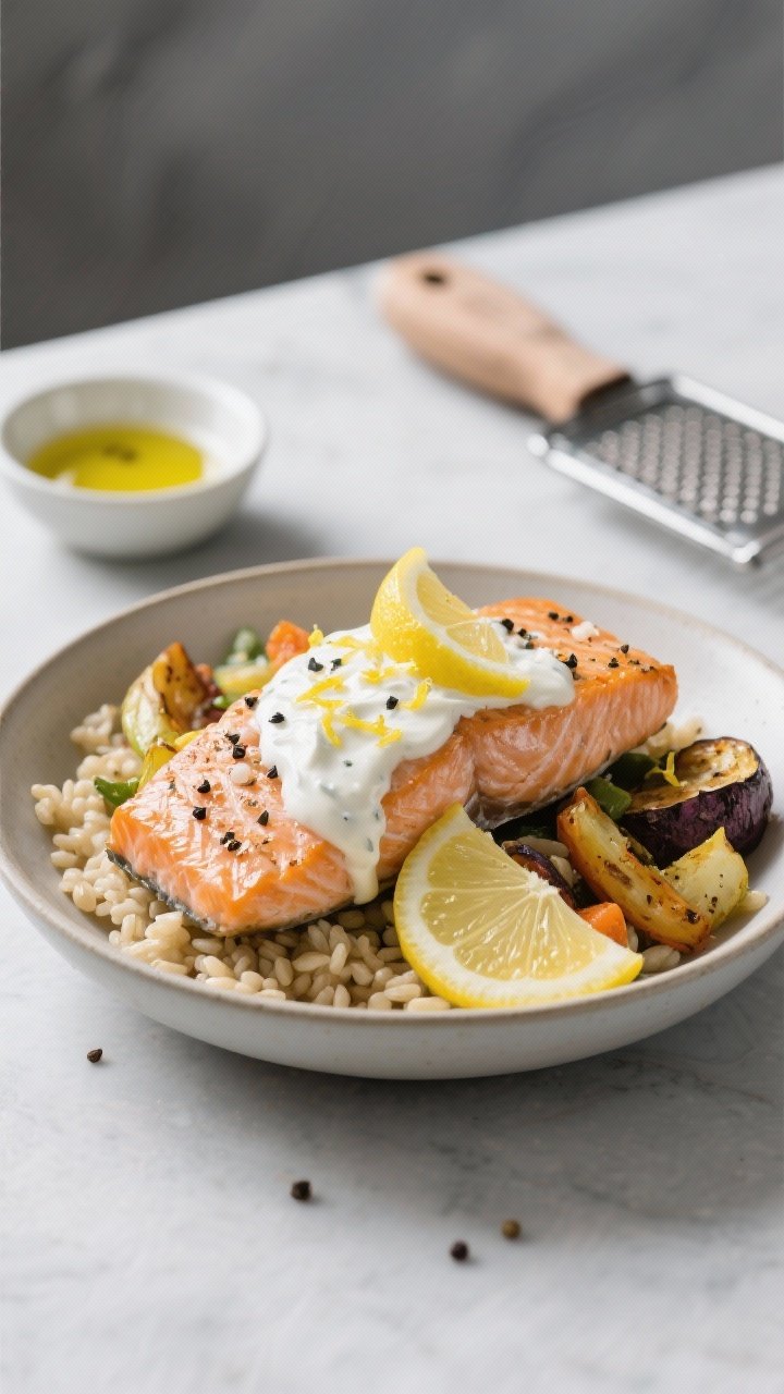 45-degree plated presentation of creamy lemon pepper Greek yogurt salmon bowls: flaky skin-on salmon fillet seasoned with kosher salt, black pepper, and lemon pepper, topped with a tangy Greek yogurt-lemon sauce and lemon zest. Serve over a simple grain base with roasted vegetables (neutral tones), garnished with thin lemon slices and cracked pepper. Include a small dish of yogurt sauce, olive oil sheen, and a zester in the background, clean modern styling.