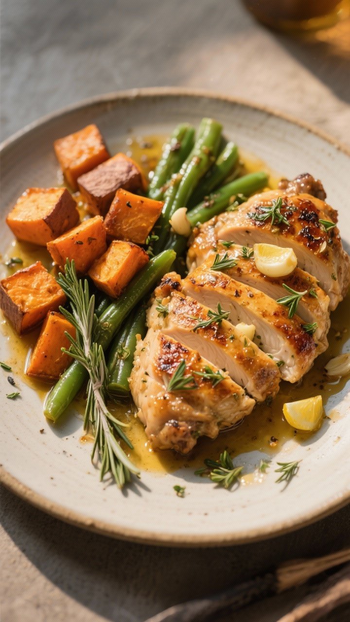 45-degree plated presentation of Garlic-Herb Chicken with Roasted Sweet Potatoes and Green Beans: juicy chicken thighs marinated with olive oil, lemon juice, minced garlic, dried rosemary, thyme, and oregano, seared and sliced; caramelized sweet potato cubes and blistered green beans alongside; drizzle of pan juices, flecks of herbs, warm golden lighting for a cozy weeknight feel, on a ceramic plate with minimal props.