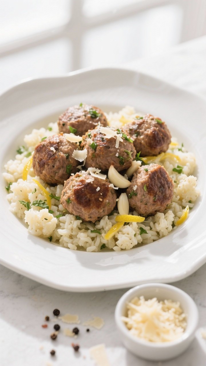 45-degree plated presentation of garlic-herb turkey meatballs over zesty cauliflower rice: browned, juicy turkey meatballs speckled with parmesan, minced garlic, and Italian seasoning, tender-crisp cauliflower rice tossed with lemon zest and herbs, finished with a sprinkle of black pepper and flaky salt; set in a shallow white ceramic bowl with a small dish of grated parmesan and cracked pepper nearby; clean, bright styling, minimal props, natural window light.