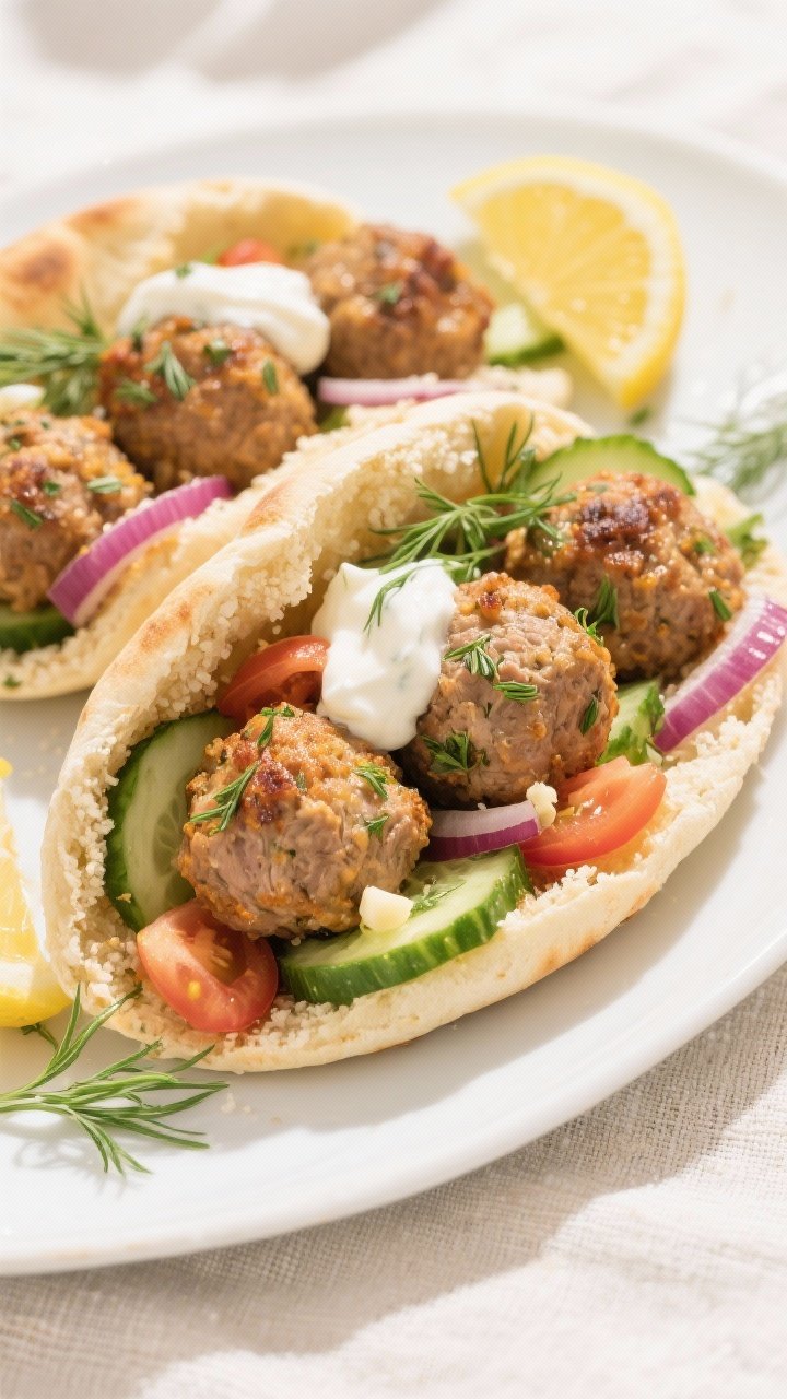 45-degree plated presentation of Greek Turkey Meatball Pitas: golden-browned turkey meatballs flecked with oregano, dill, and minced garlic, tucked into warm pita halves with crisp cucumber, tomato, and red onion, finished with a dollop and drizzle of tangy lemon yogurt; breadcrumbs visible as texture in the meatballs; garnished with fresh dill and lemon wedges; bright Mediterranean vibe on a light linen backdrop, clean and airy.
