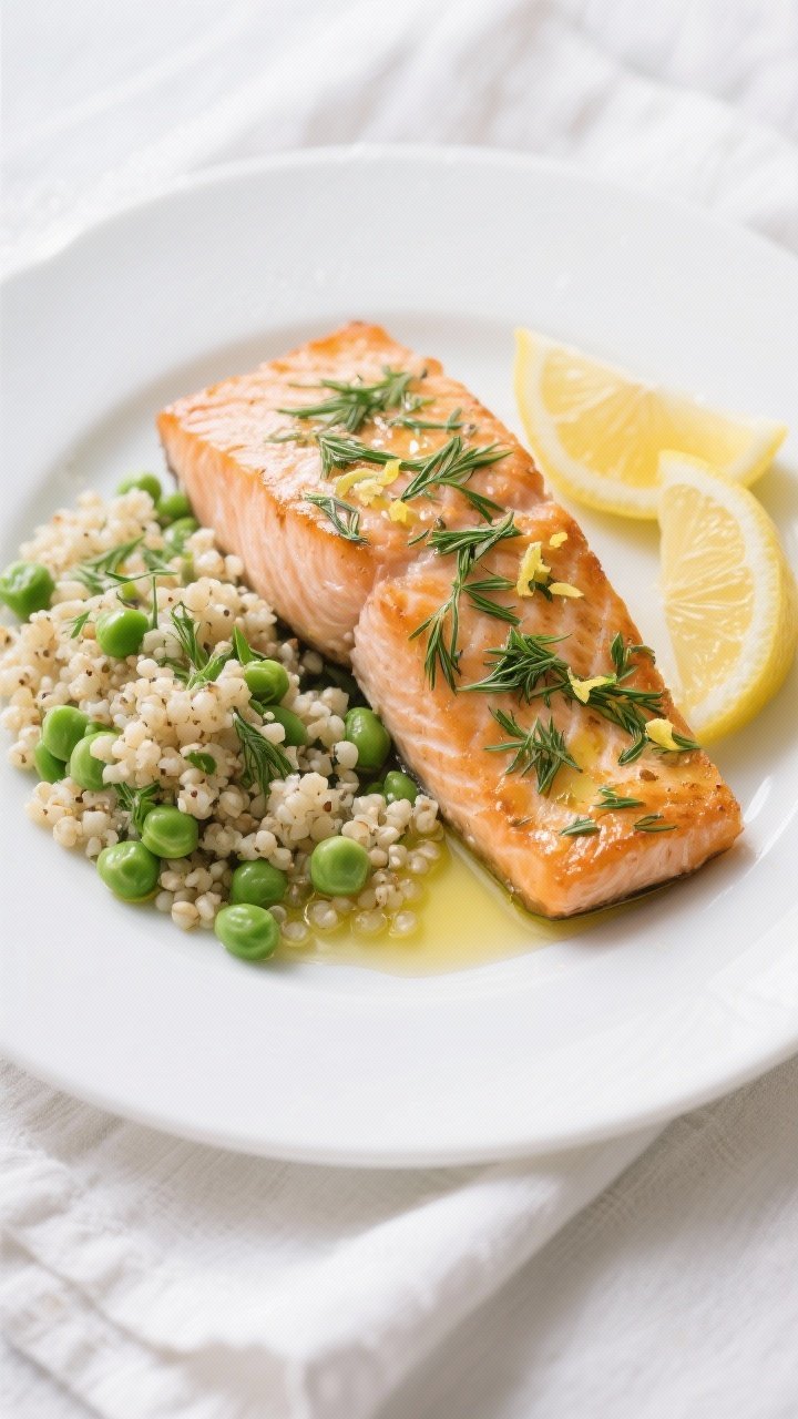 45-degree plated presentation of lemon-dill baked salmon with herbed quinoa and peas; salmon brushed with olive oil, Dijon, lemon zest, salt, pepper, and topped with fresh chopped dill; fluffy quinoa folded with peas and herbs alongside; lemon wedges on the plate, light drizzle of olive oil, clean Nordic brightness on a white plate over linen.