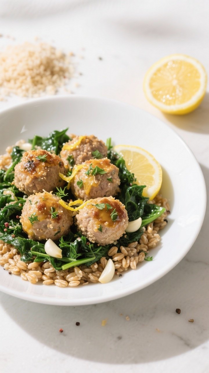 45-degree plated presentation of lemon herb turkey meatball and farro bowl with garlicky greens: golden turkey meatballs flecked with parsley, oregano, lemon zest, and panko, glazed with a light lemon juice drizzle; served atop nutty farro with sautéed garlicky greens (spinach/kale), micro-zest of lemon and cracked pepper on top; clean white ceramic bowl, bright fresh vibe, cool daylight, a small pile of panko and a halved lemon in the background for context.