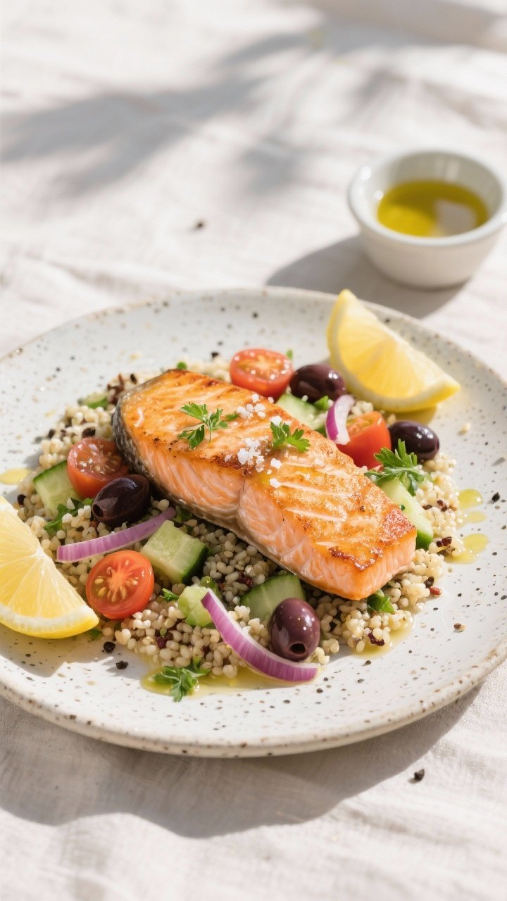 45-degree plated presentation of Mediterranean Salmon Quinoa: seared salmon fillet (lightly crisp edges, juicy center) over quinoa cooked in water/broth, studded with cherry tomatoes, cucumber, Kalamata olives, red onion, and parsley; glossed with a lemon-herb vinaigrette and sprinkled with flaky salt and cracked black pepper; lemon slices and a small dish of vinaigrette nearby; clean sunlit setting with light linen and a speckled stoneware plate, Mediterranean freshness emphasized.