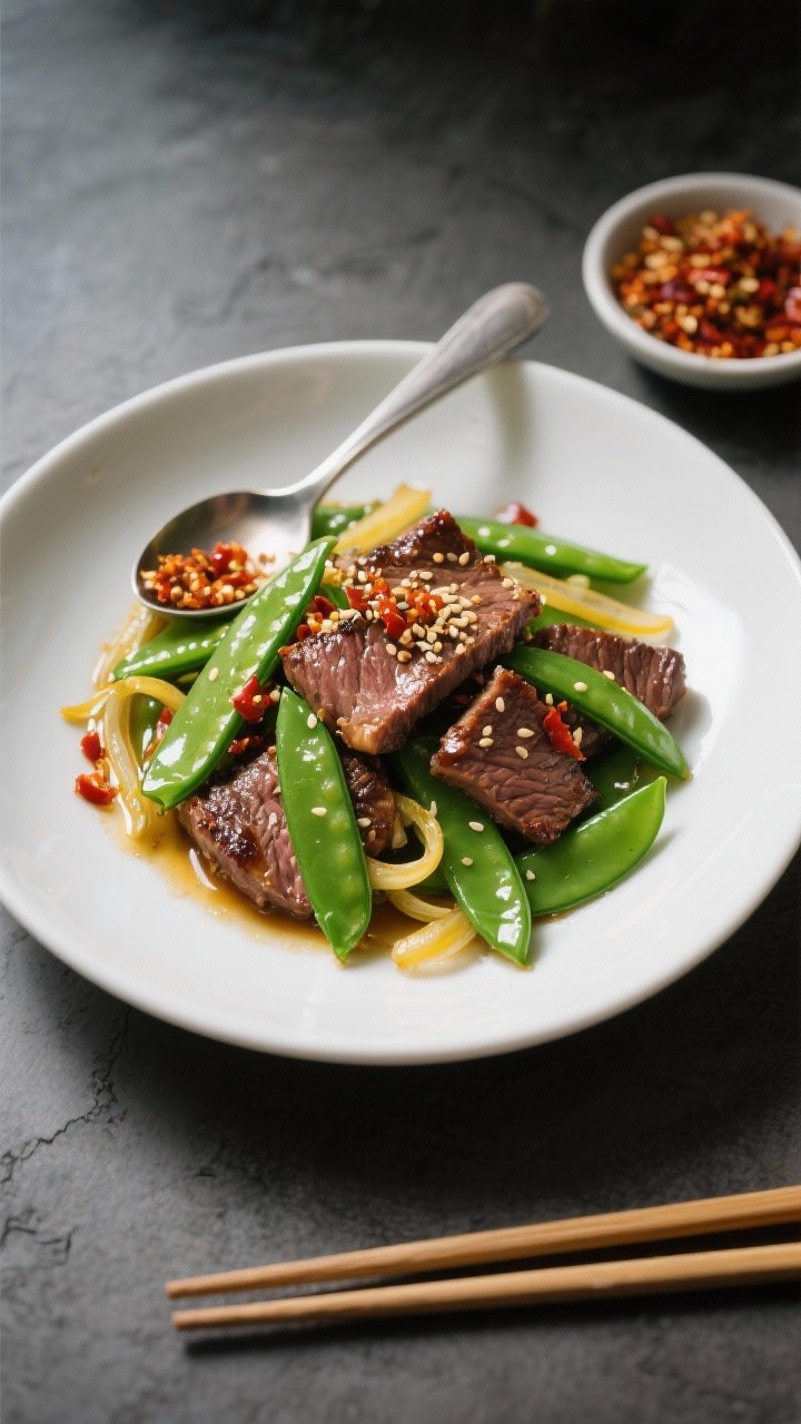 45-degree plated presentation of Sesame Beef & Snap Peas With Chili Crunch: thin slices of flank steak seared until edge-crisp and glossy, tossed with sugar snap peas still bright and snappy, and ribbons of thin yellow onion. A finishing drizzle of toasted sesame oil and a spooned line of chili crunch scattered with sesame seeds. Served in a shallow white bowl over a slate surface, a small dish of extra chili crunch and chopsticks to the side. Dramatic side lighting highlighting lacquered beef and the fresh green snap peas.