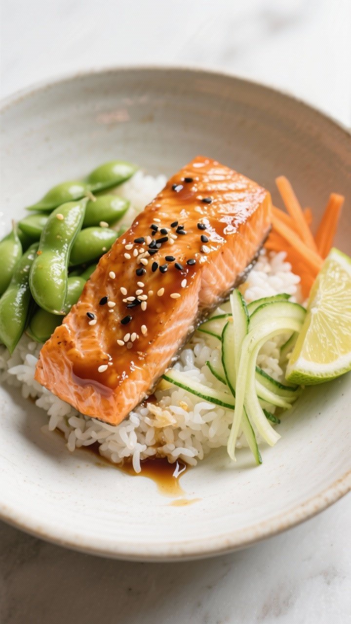45-degree plated salmon bowl: glossy miso-ginger glazed salmon fillets atop steamed rice, with bright sesame-sprinkled edamame, thin cucumber ribbons, and pickled carrot accents; glaze made from white miso, honey, low-sodium soy, rice vinegar, grated fresh ginger; drizzle pooling on the fish, black sesame seeds and lime wedge on the side, clean ceramic bowl, soft daylight for a fresh, modern feel.