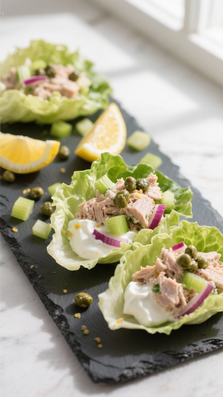 45-degree plated scene of Greek Yogurt Tuna Salad Lettuce Wraps: crisp butter lettuce cups filled with tuna mixed with plain 2% Greek yogurt, lemon juice, Dijon mustard, finely diced celery, red onion, and briny capers. Garnish with extra capers and lemon wedges, scattered diced celery for texture. Fresh, Mediterranean vibe on a slate board, soft natural window light, focus on creamy tuna with crunchy veg contrast.