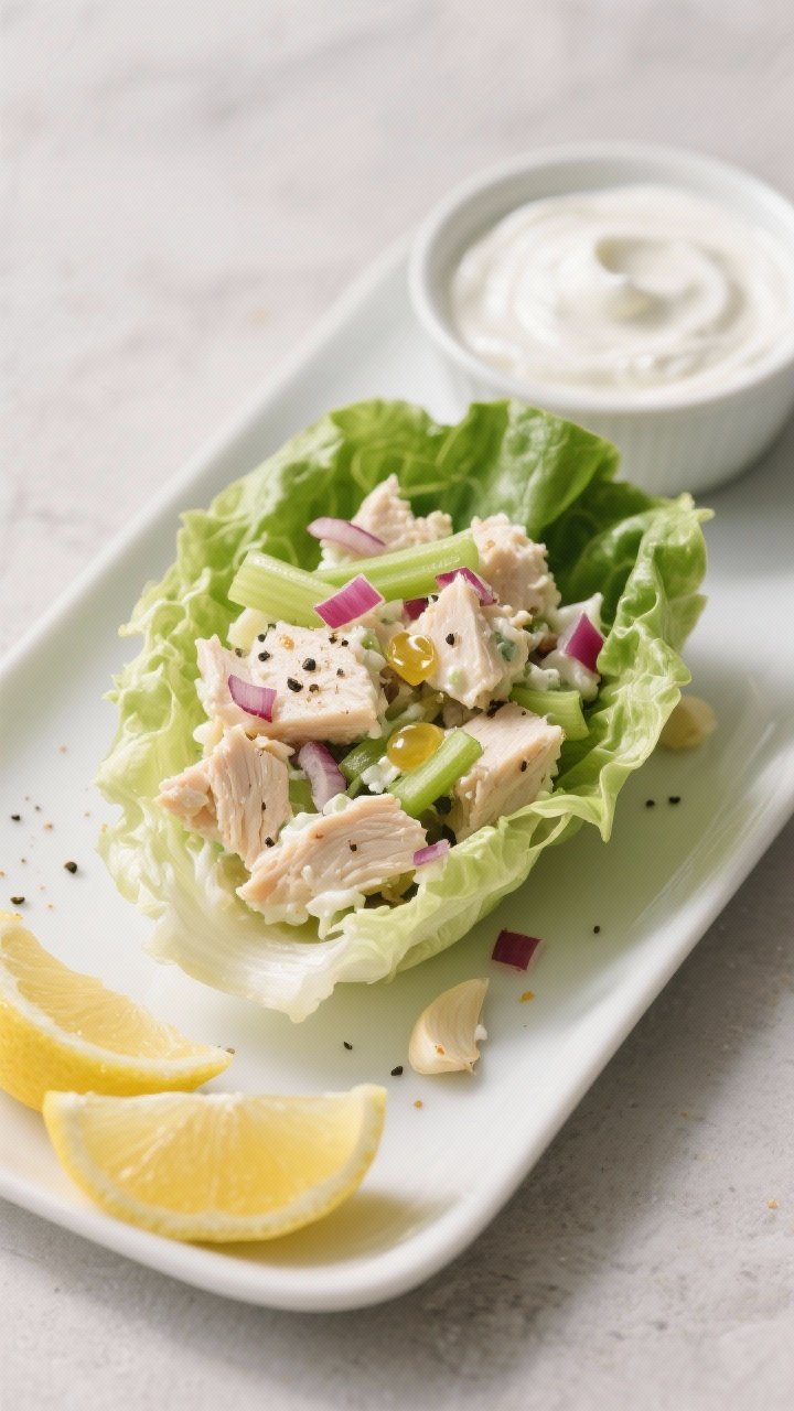 45-degree plated shot: crisp romaine or butter lettuce cups piled with Greek yogurt chicken salad made from diced chicken breast, plain nonfat Greek yogurt, Dijon mustard, lemon juice, a touch of honey, and garlic powder; garnished with thin celery and red onion bits and cracked black pepper; served on a white platter with lemon wedges and a small bowl of extra yogurt dressing; fresh, light, and creamy Mediterranean vibe.